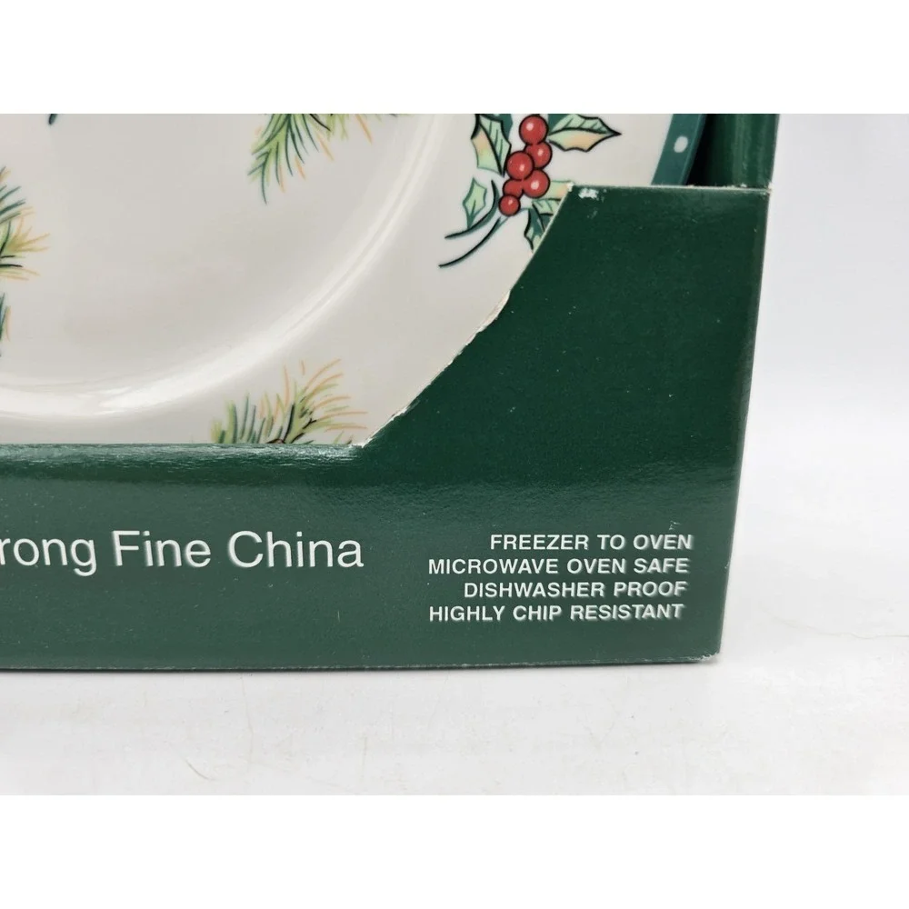 (4) Mikasa Christmas Wish salad Plates HK713 Super Strong Fine China holly‎ pine